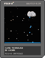 A Pico-8 game cartridge. Raindrops fall from a cloud above a lake and make sounds when they land.